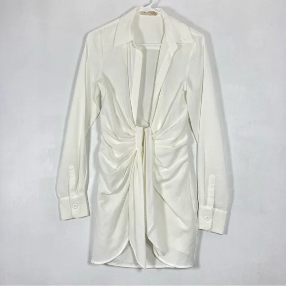 Choosy Crosby St White Plunging V Neck Tie Front Shirt Dress 0 - Picture 1 of 15